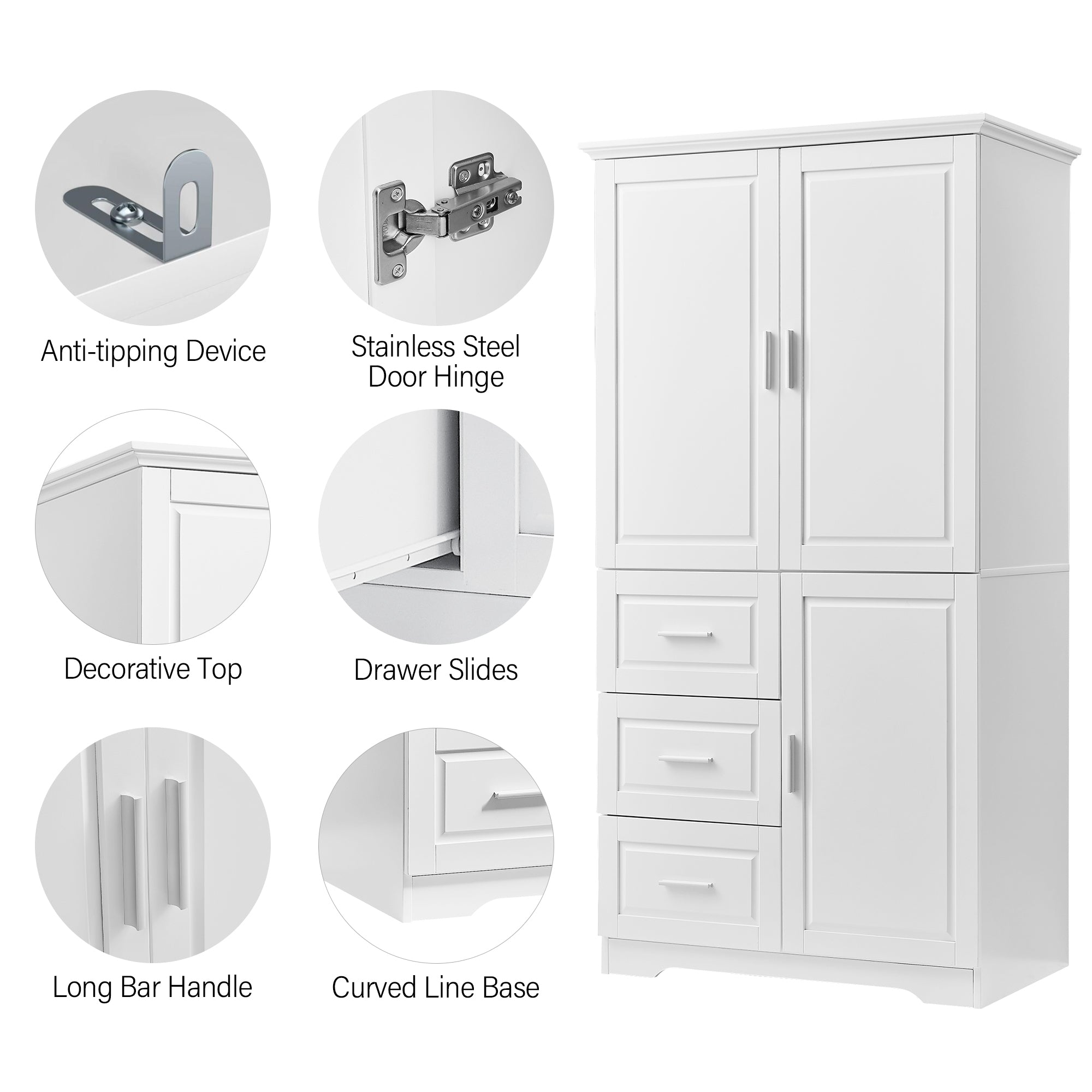 Tall and Wide Storage Cabinet with Doors for Bathroom Office, Three Drawers, White Old SKU: N725P331357K WF299285AAK