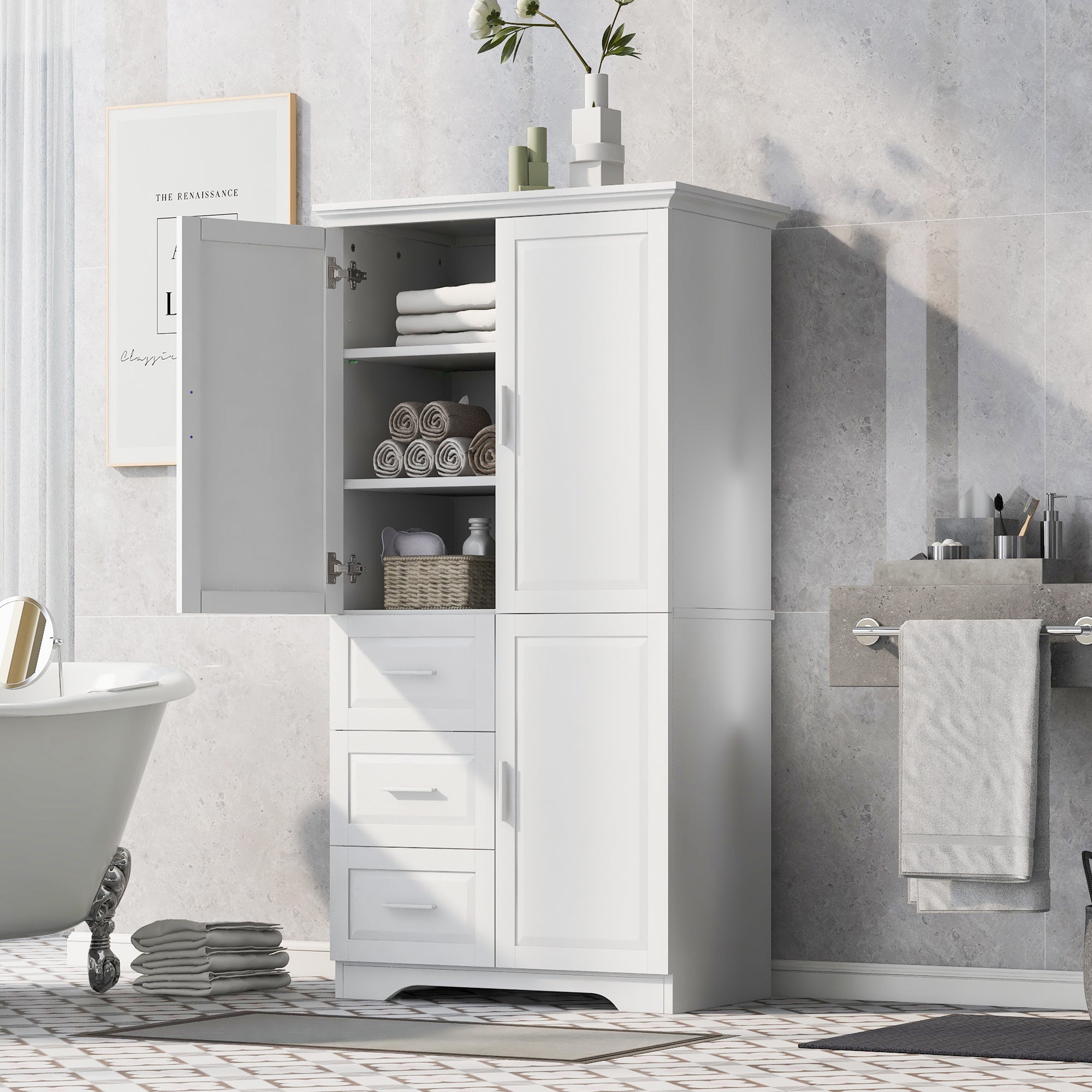 Tall and Wide Storage Cabinet with Doors for Bathroom Office, Three Drawers, White Old SKU: N725P331357K WF299285AAK