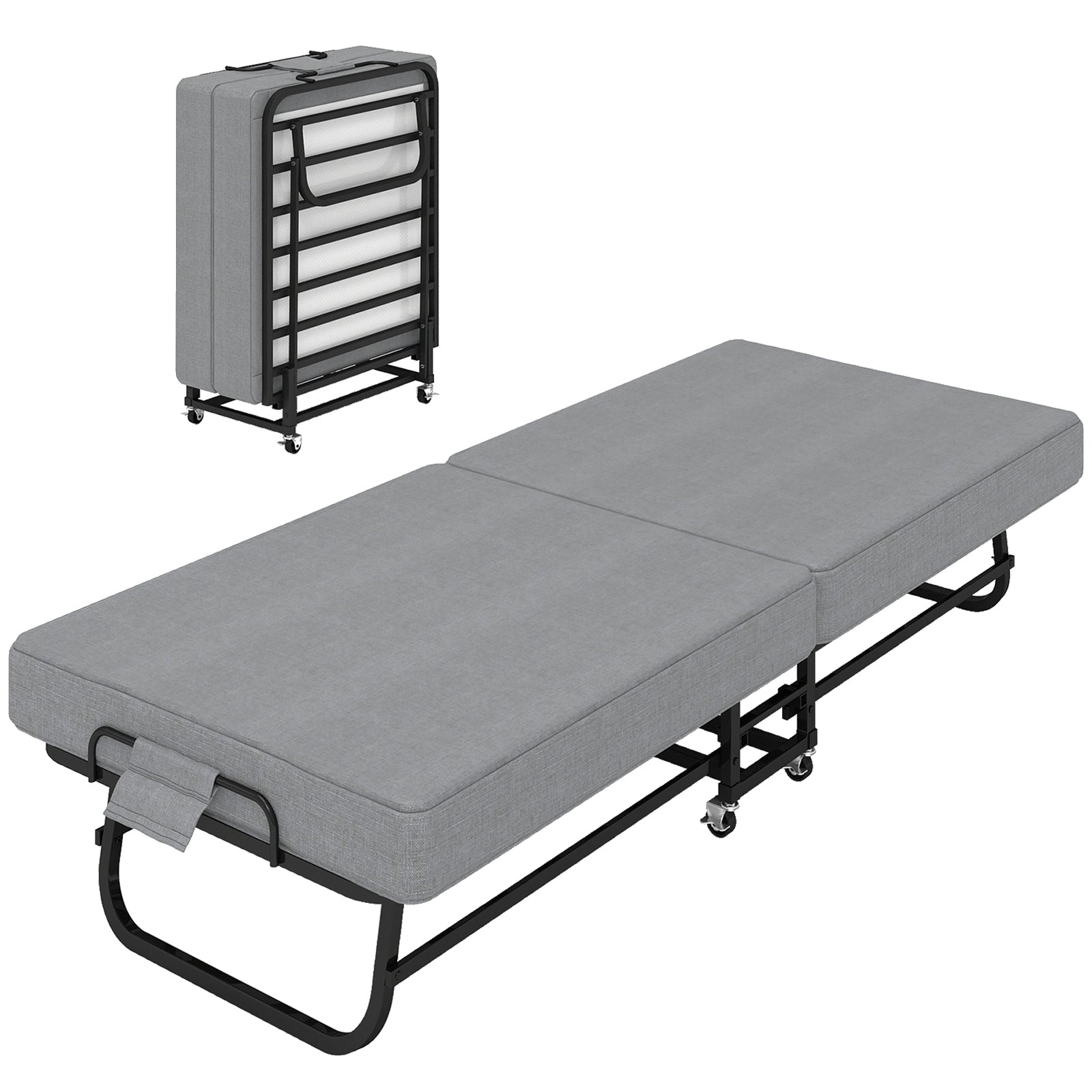 Portable Folding Bed with Memory Foam Mattress, Lockable Wheels, Breathable Linen Fabric for Adults