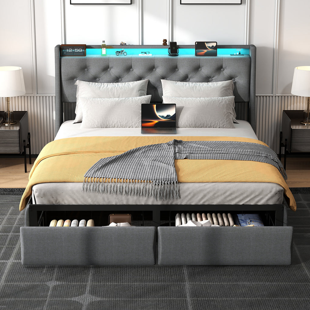Full Size Bed Frame with Storage Headboard, RGB LED Light & USB Charging Station Grey