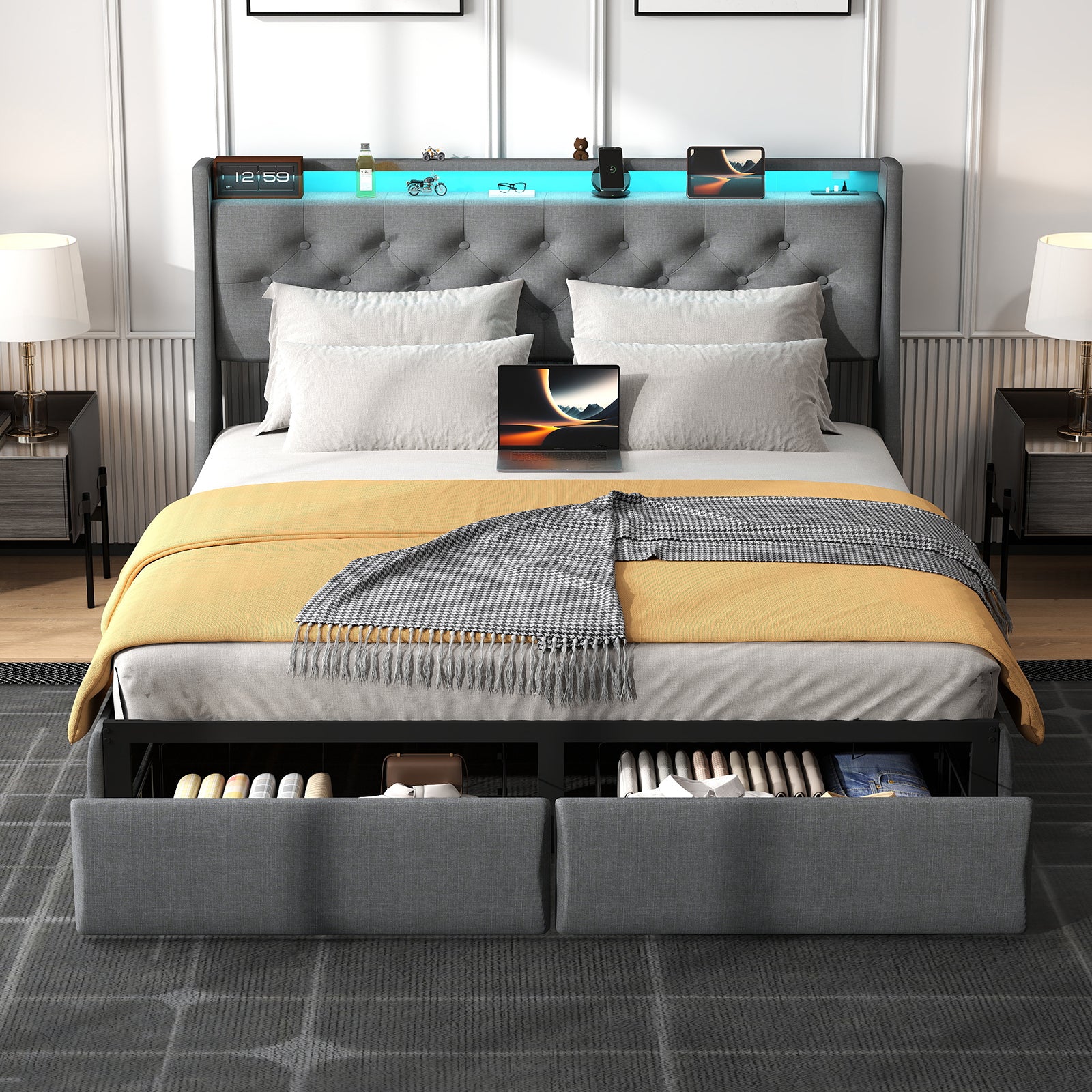 Full Size Bed Frame with Storage Headboard, RGB LED Light & USB Charging Station Grey