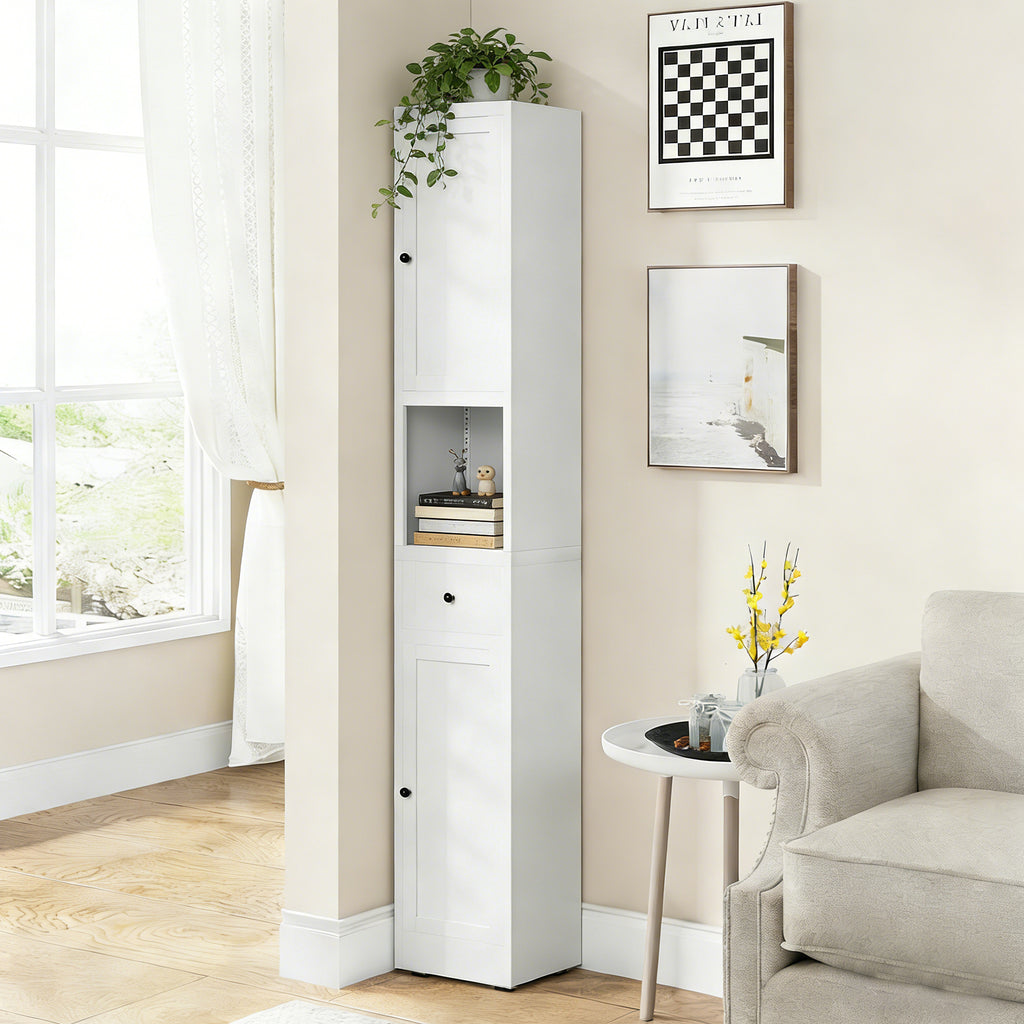 71 Inch Tall Bathroom Storage Cabinet, 5 Tier Narrow Metal Cabinet with 2 Doors & Adjustable Shelves, Freestanding Cabinet for Space Saving in Kitchen, Laundry Room, Pantry, White