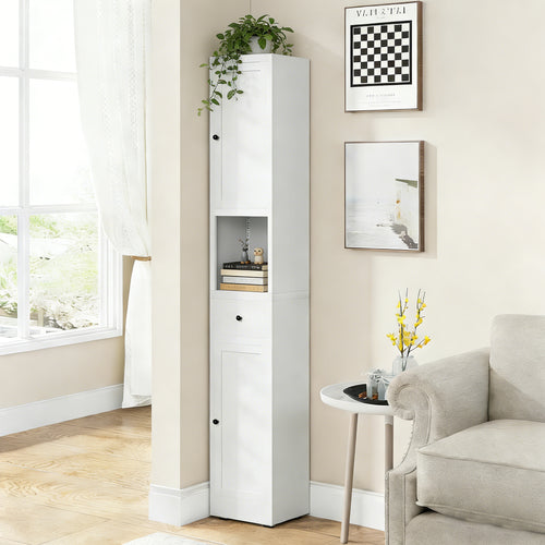 71 Inch Tall Bathroom Storage Cabinet, 5 Tier Narrow Metal Cabinet with 2 Doors & Adjustable Shelves, Freestanding Cabinet for Space Saving in Kitchen, Laundry Room, Pantry, White