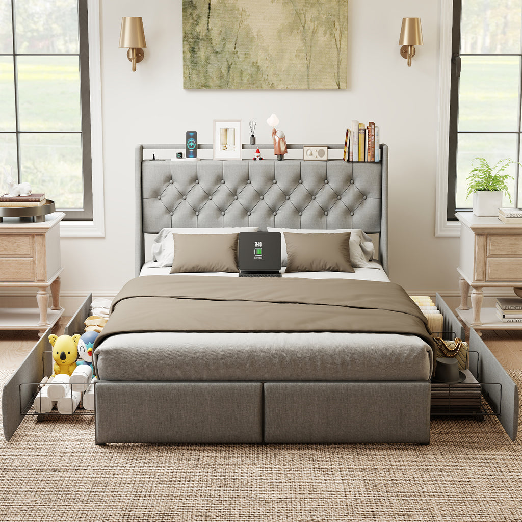 Queen Metal Platform Bed Frame Grey, Storage Headboard with RGB LED & Charging Station