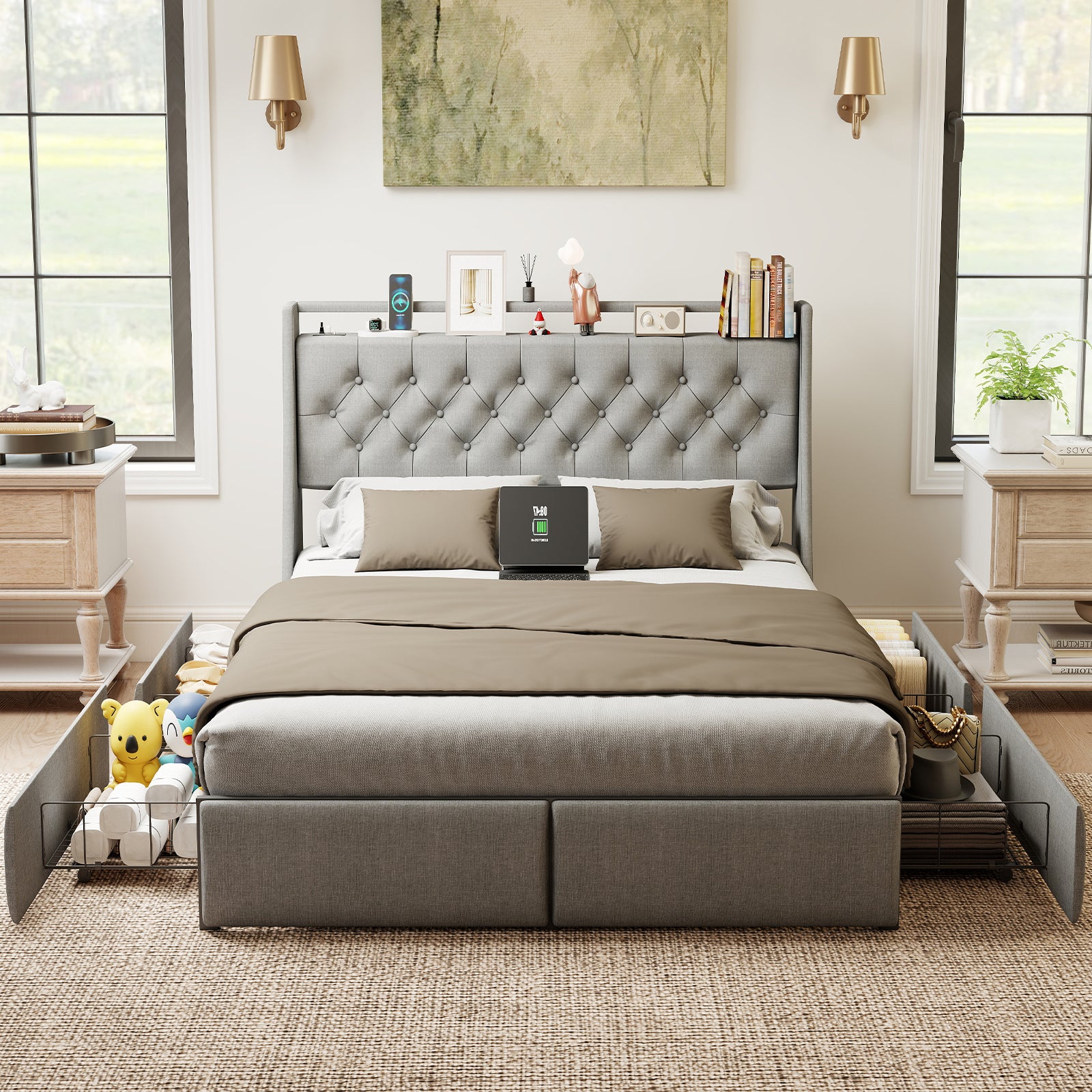 Queen Metal Platform Bed Frame Grey, Storage Headboard with RGB LED & Charging Station