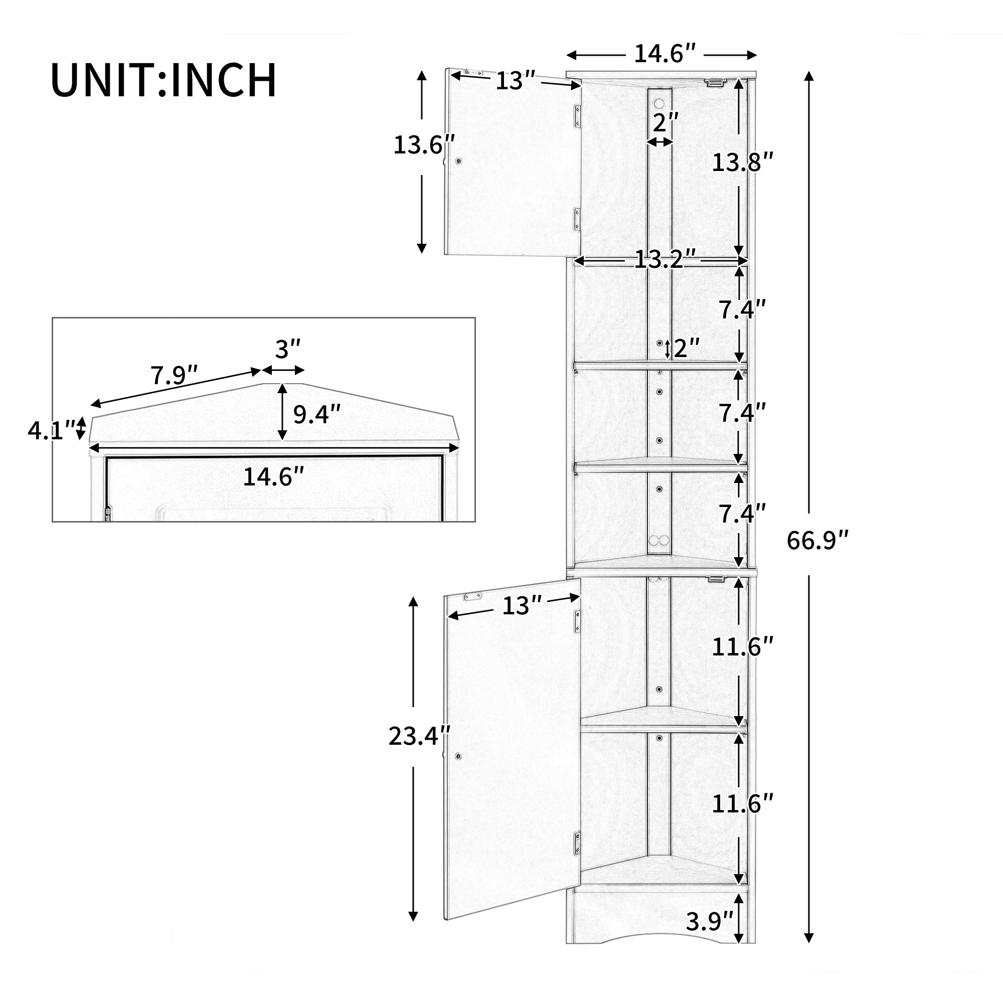 Multi Functional Corner Cabinet Tall Bathroom Storage Cabinet with Two Doors and Adjustable Shelves, Open Shelf, White Old Sku:WF294602AAK
