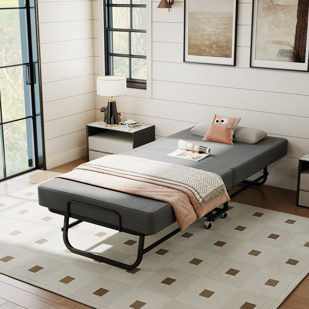 Portable Folding Bed with Memory Foam Mattress, Lockable Wheels, Breathable Linen Fabric for Adults