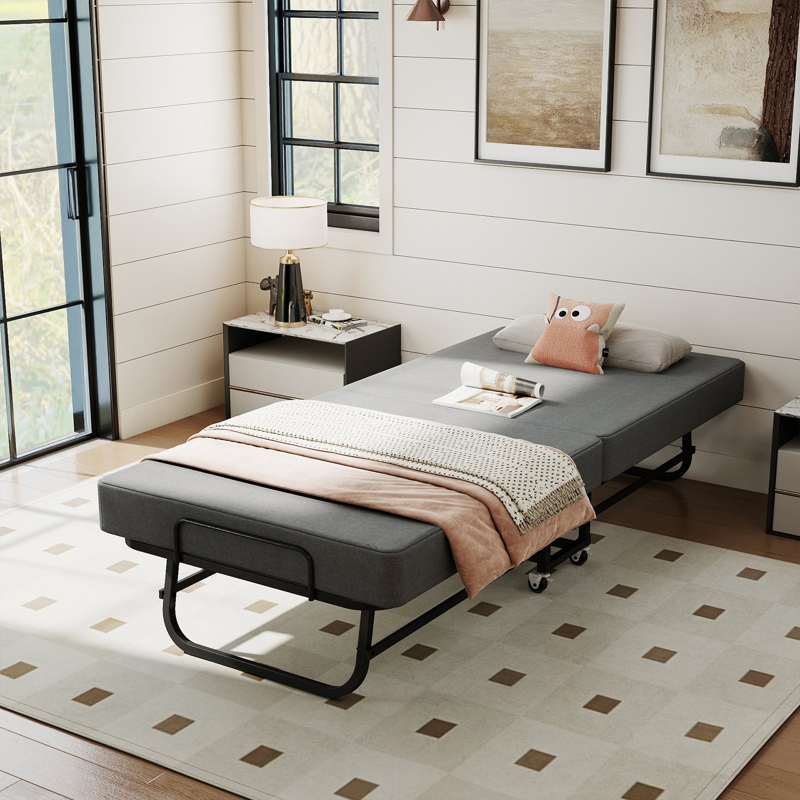 Portable Folding Bed with Memory Foam Mattress, Lockable Wheels, Breathable Linen Fabric for Adults
