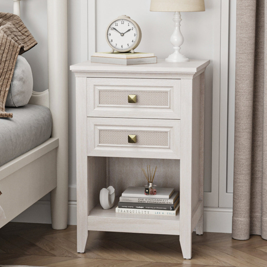 Farmhouse Nightstand, Boho Bedside Table with 2 Rattan Decor Drawers, Accent End Table with Open Storage Shelf, Wood Bedside Unit for Bedroom, Living Room, Home Office, Grayish White