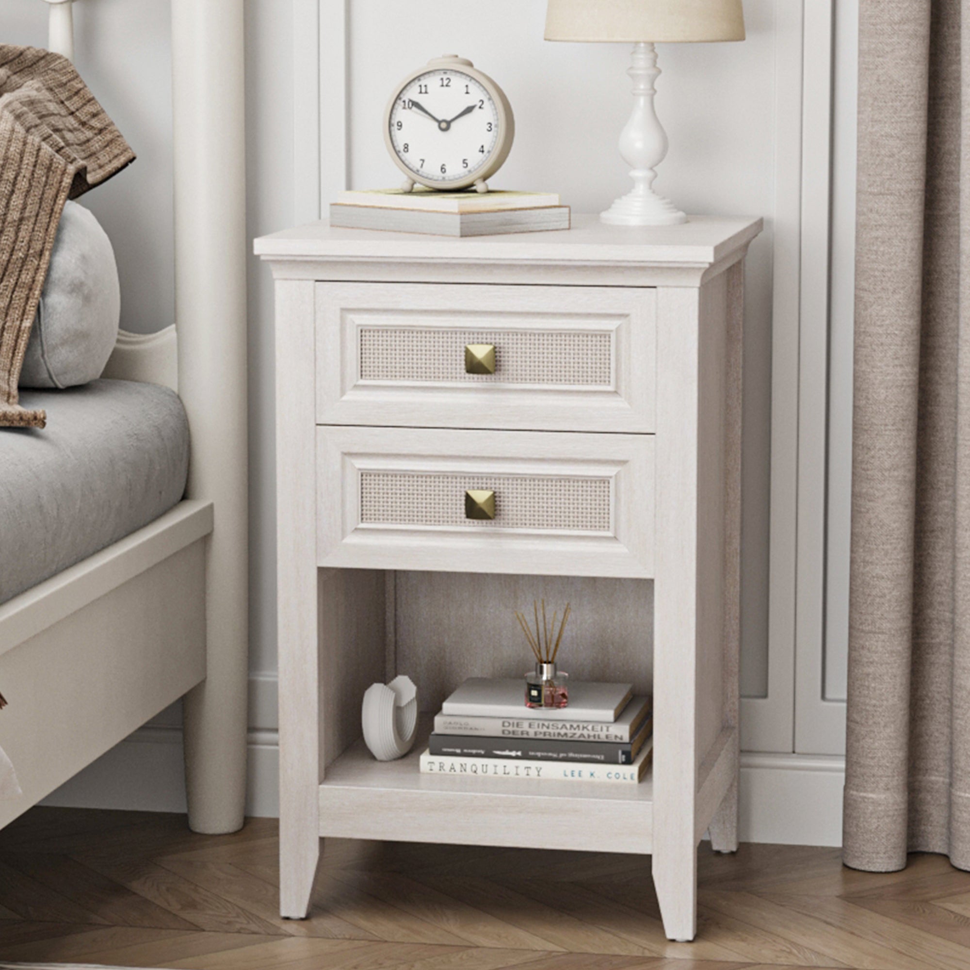 Farmhouse Nightstand, Boho Bedside Table with 2 Rattan Decor Drawers, Accent End Table with Open Storage Shelf, Wood Bedside Unit for Bedroom, Living Room, Home Office, Grayish White