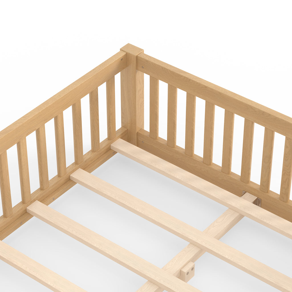 Full Size Bed Floor Bed with Safety Guardrails and Door for Kids, Natural