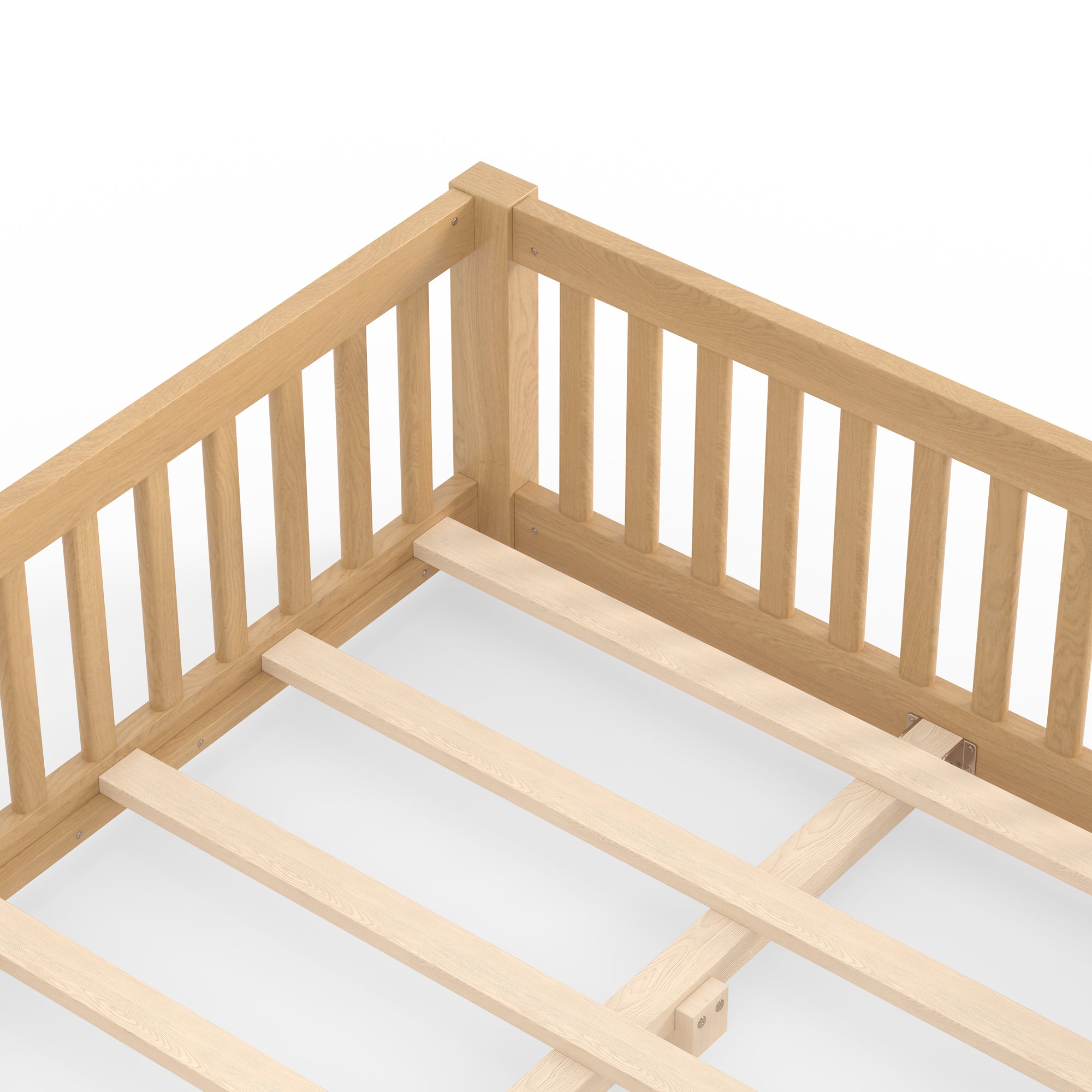 Full Size Bed Floor Bed with Safety Guardrails and Door for Kids, Natural