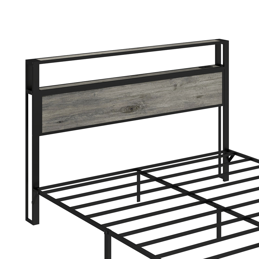 Queen Size Bed Frame with Headboard, RGB LED Light & Charging Station & Under Bed Storage Space, Easy Assembly Rustic Grey