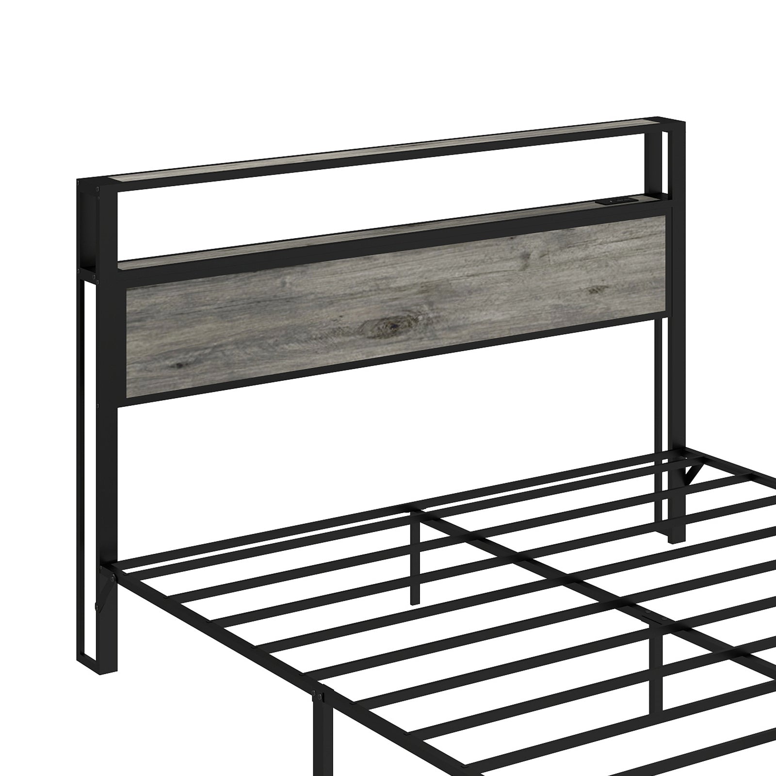 Queen Size Bed Frame with Headboard, RGB LED Light & Charging Station & Under Bed Storage Space, Easy Assembly Rustic Grey