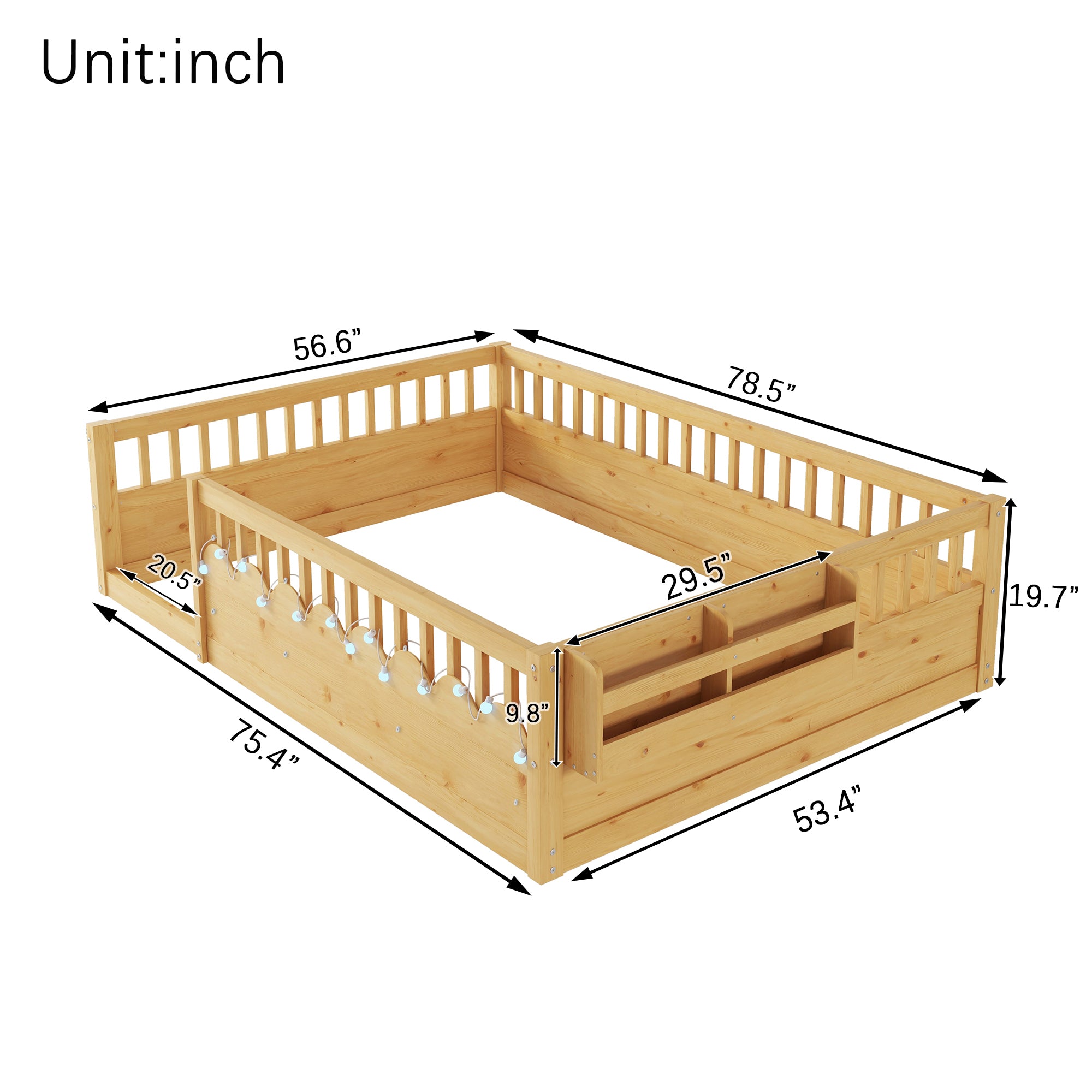 Full Montessori Floor Bed Frame with High Rails, Wood Kids Floor Beds with Light and Storage Shelf, Natural Expect Arrival Date 2025 8 15