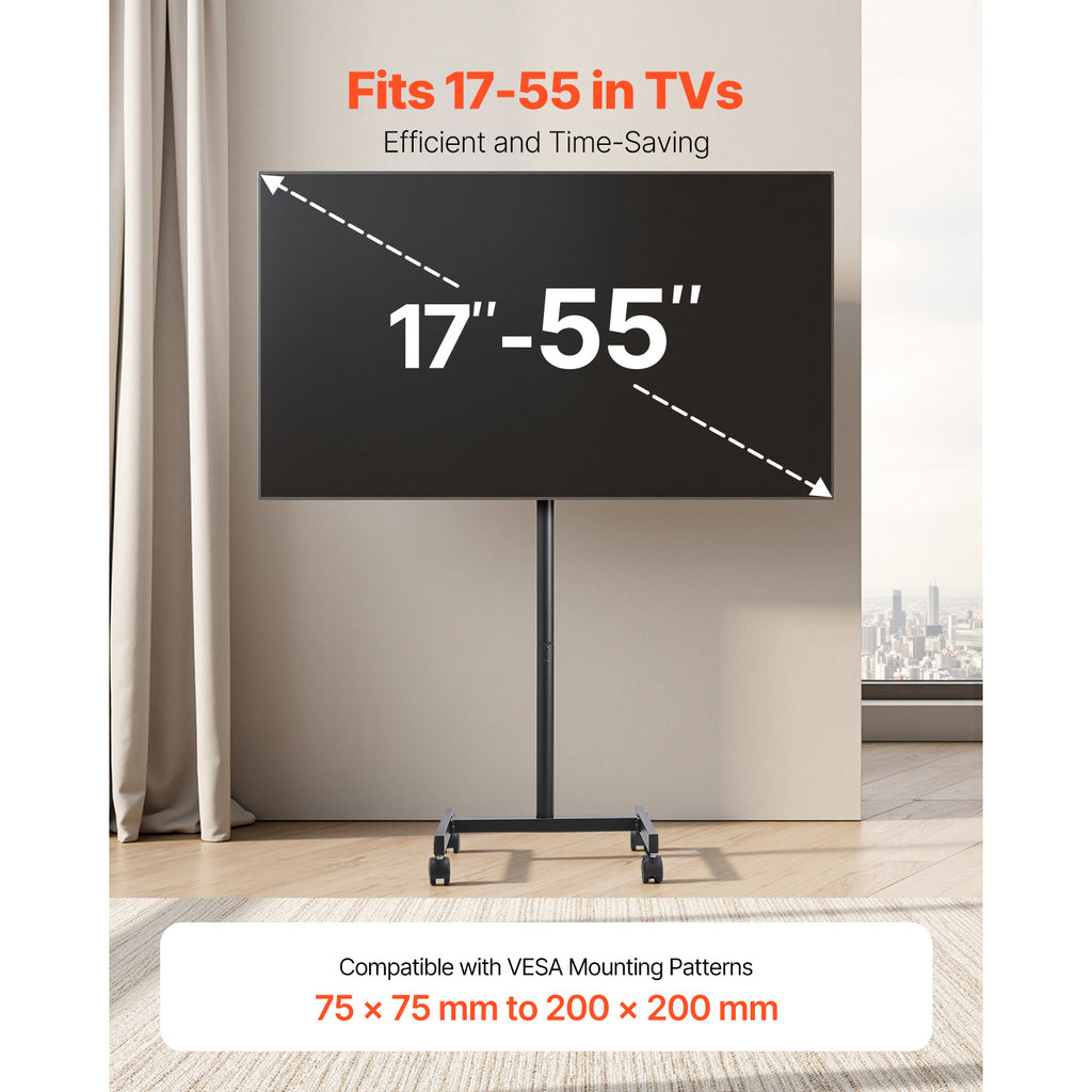Rolling TV Stand, Mobile TV Cart for 17 55 Inch Screens, Portrait to Landscape, Portable TV Stand with Wheels Holds up to 44 lbs for Living Room, Bedroom, Office, Outdoor, Max VESA 200x200mm