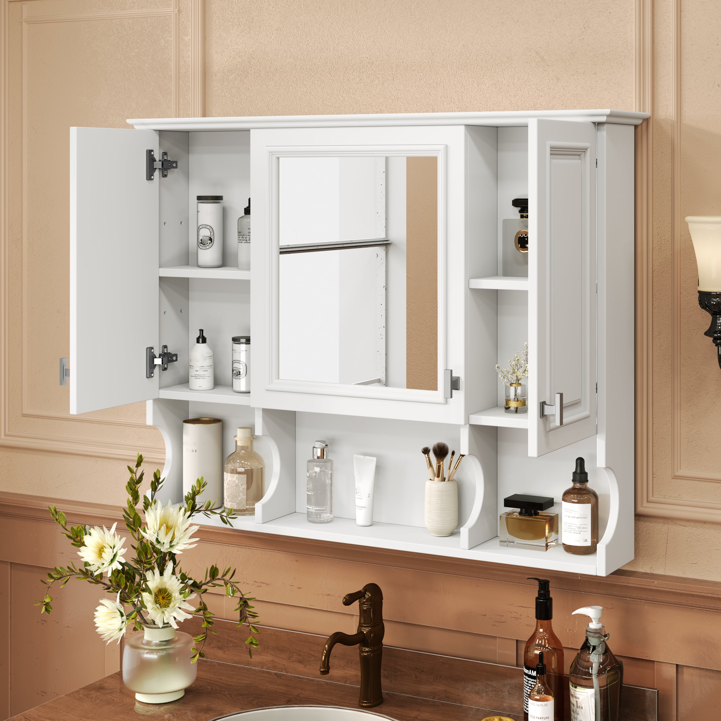 35'' x 28'' Wall Mounted Bathroom Medicine Cabinet, Modern Bathroom Wall Cabinet with Mirror, Mirror Cabinet with Open Shelves