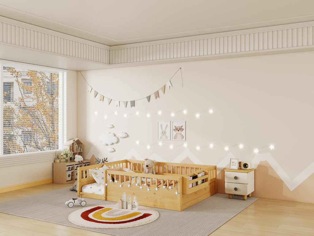Full Montessori Floor Bed Frame with High Rails, Wood Kids Floor Beds with Light and Storage Shelf, Natural Expect Arrival Date 2025 8 15