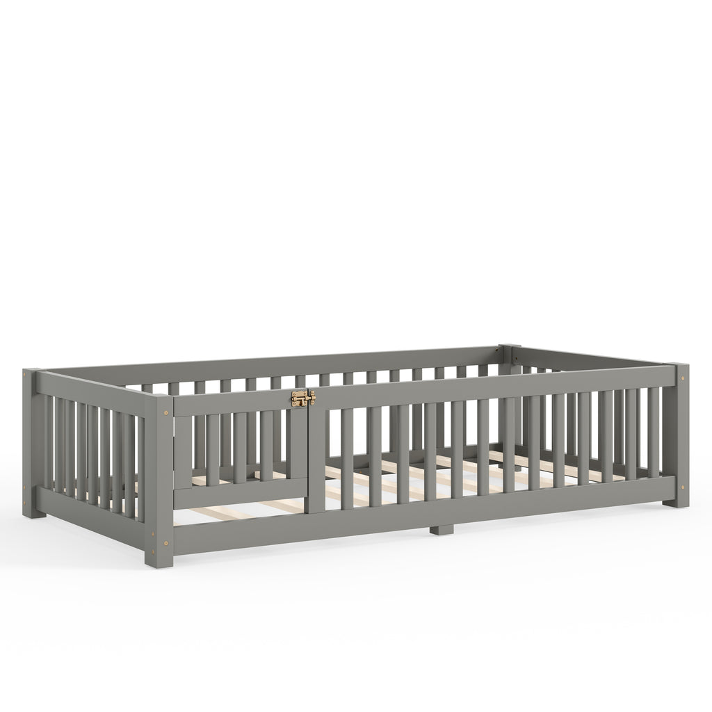 Twin Size Bed Floor Bed with Safety Guardrails and Door for Kids, Gray