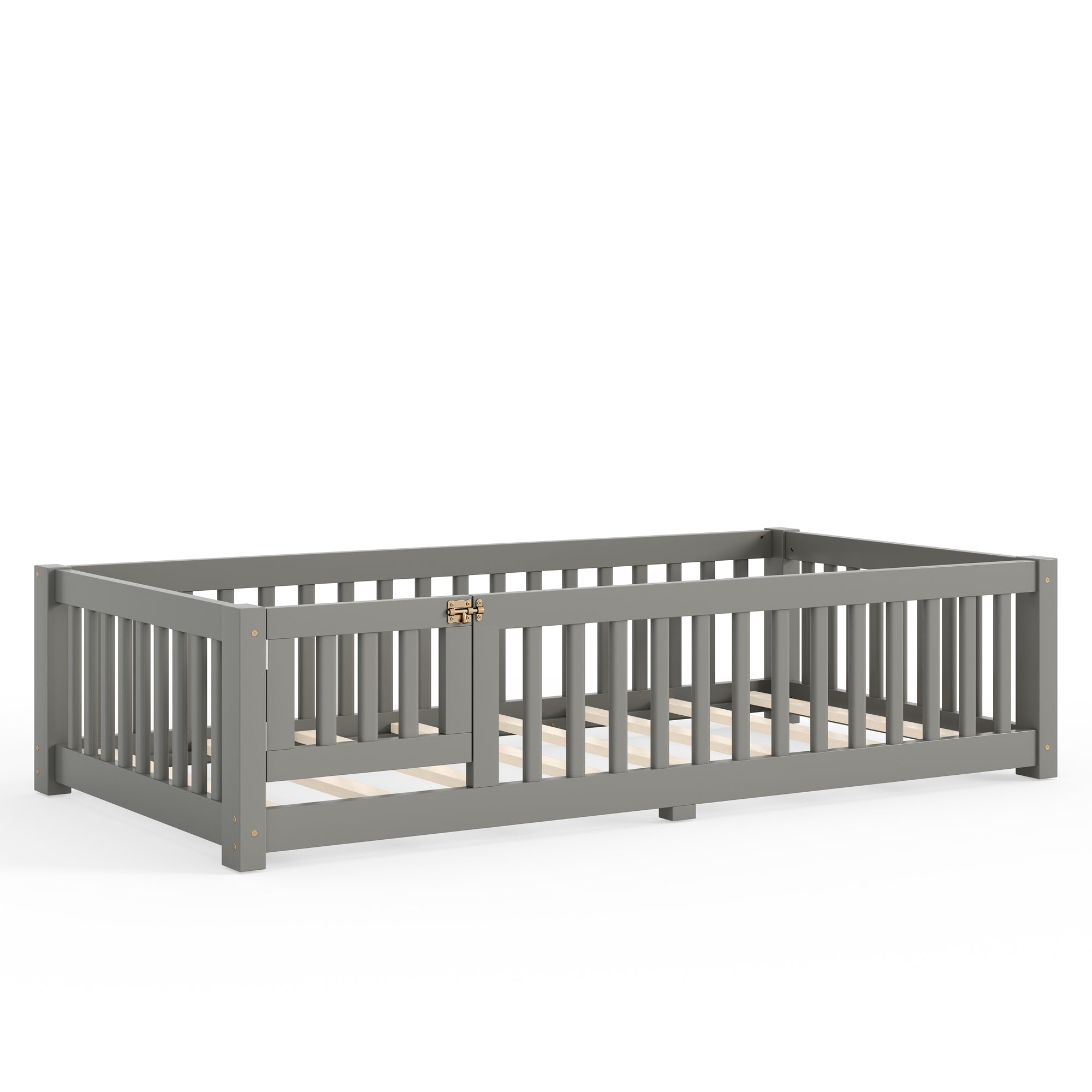 Twin Size Bed Floor Bed with Safety Guardrails and Door for Kids, Gray