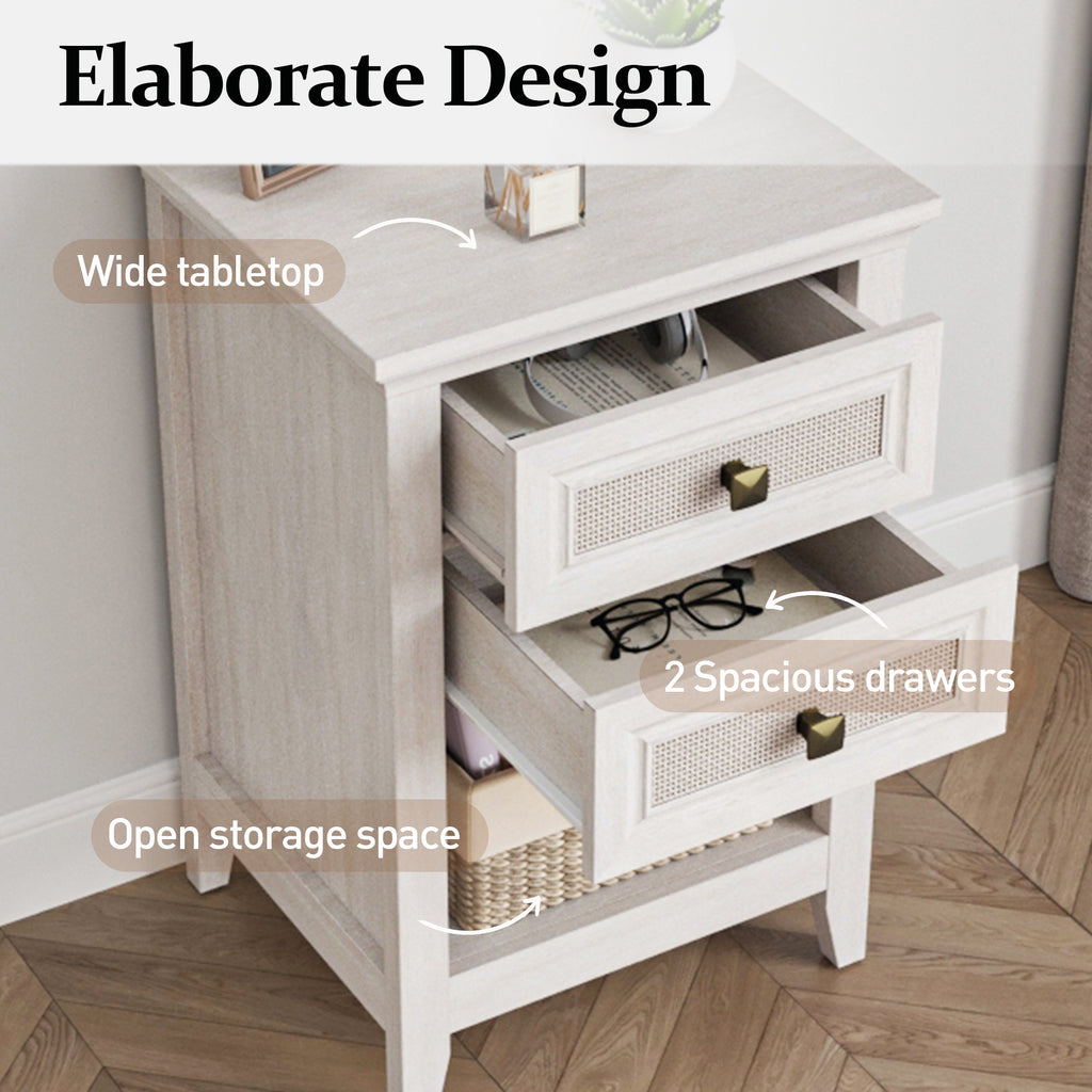 Farmhouse Nightstand, Boho Bedside Table with 2 Rattan Decor Drawers, Accent End Table with Open Storage Shelf, Wood Bedside Unit for Bedroom, Living Room, Home Office, Grayish White