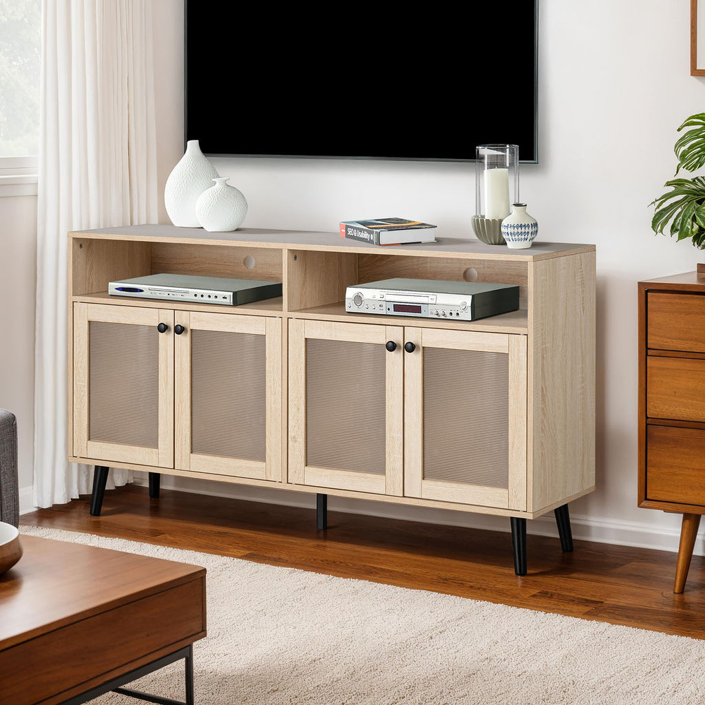 Mid Century Modern TV Stand Tapered Leg Round Knobs Cabinet Doors Natural Finish Primary Living Room