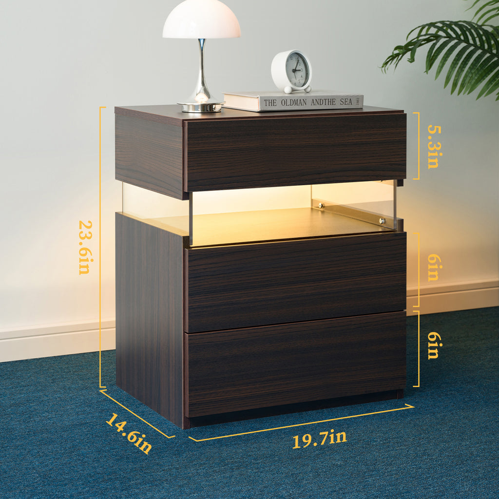 LED Nightstands 3 Drawer Dresser for Bedroom End Table with Acrylic Board LED Bedside Tables Walnut