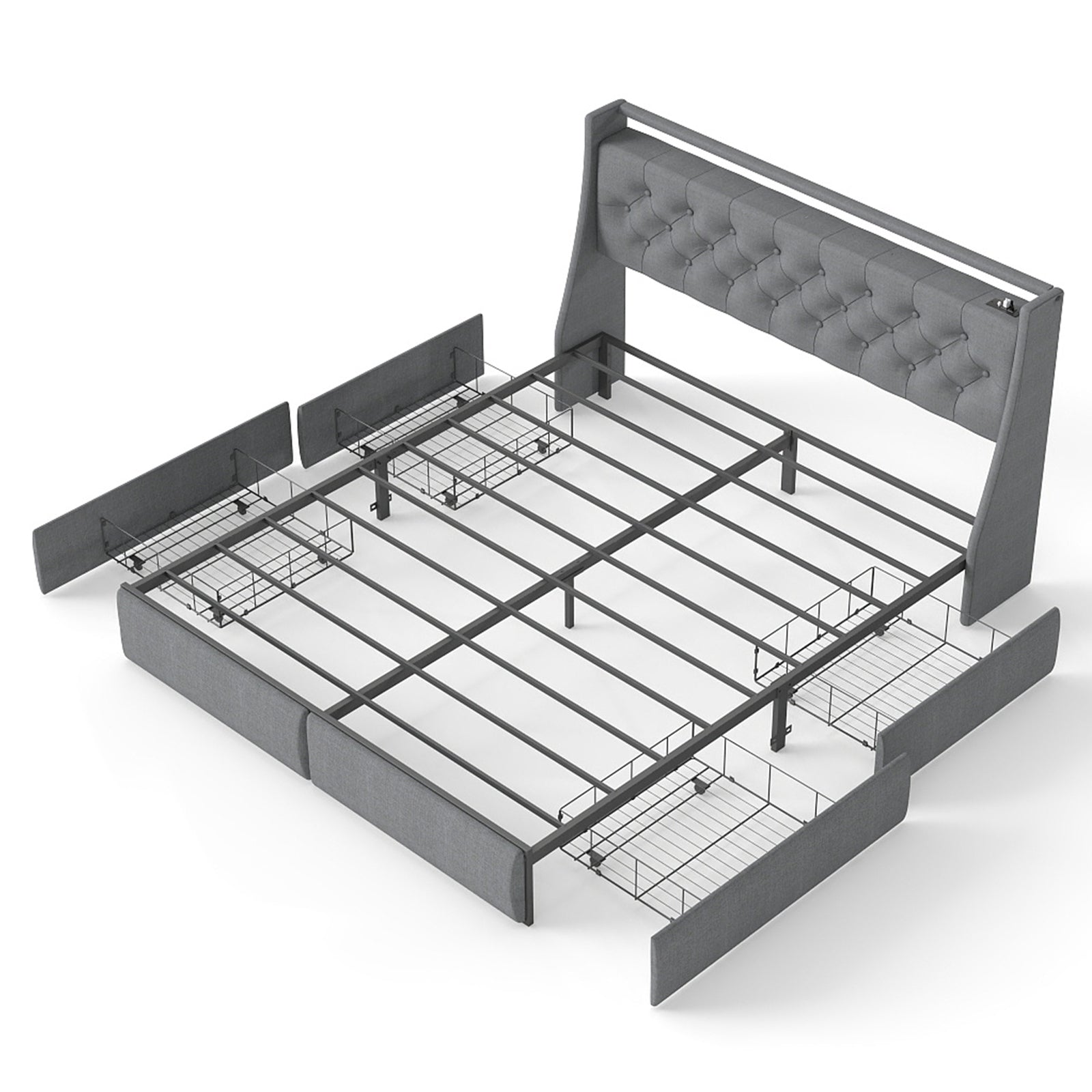 Queen Metal Platform Bed Frame Grey, Storage Headboard with RGB LED & Charging Station
