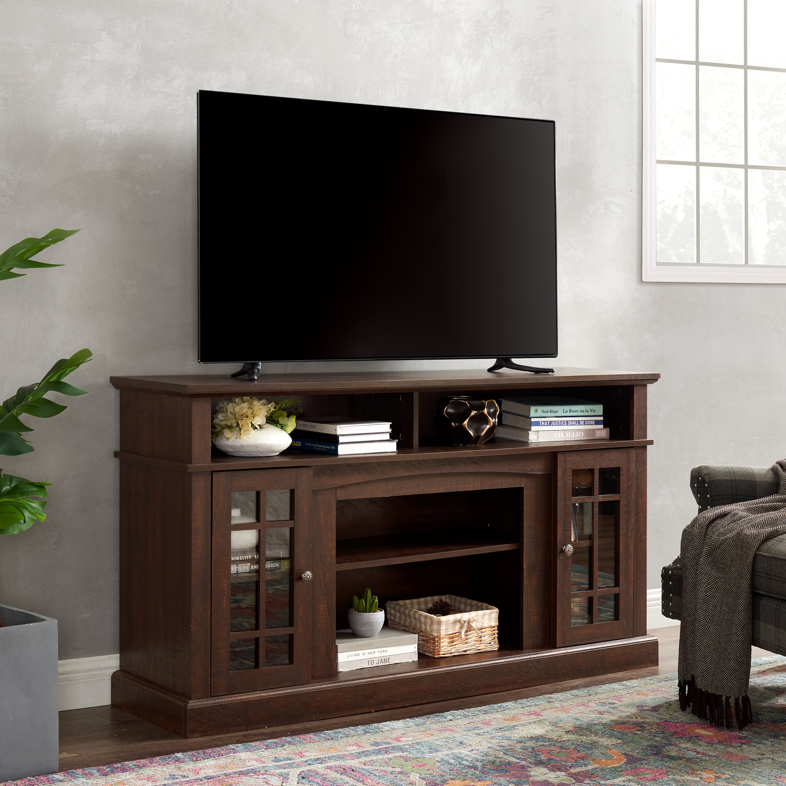 Classic TV Media Stand Modern Entertainment Console for TV Up to 65" with Open and Closed Storage Space, Espresso, 58.25"W*15.75"D*32"H