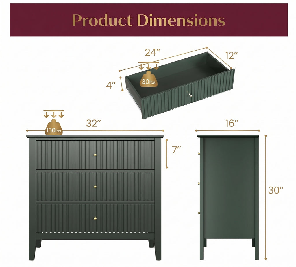 32" Wide Green Fluted 3 Drawer Nightstand, Large Modern Bedroom End Table