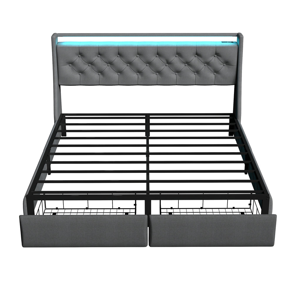 Full Size Bed Frame with Storage Headboard, RGB LED Light & USB Charging Station Grey