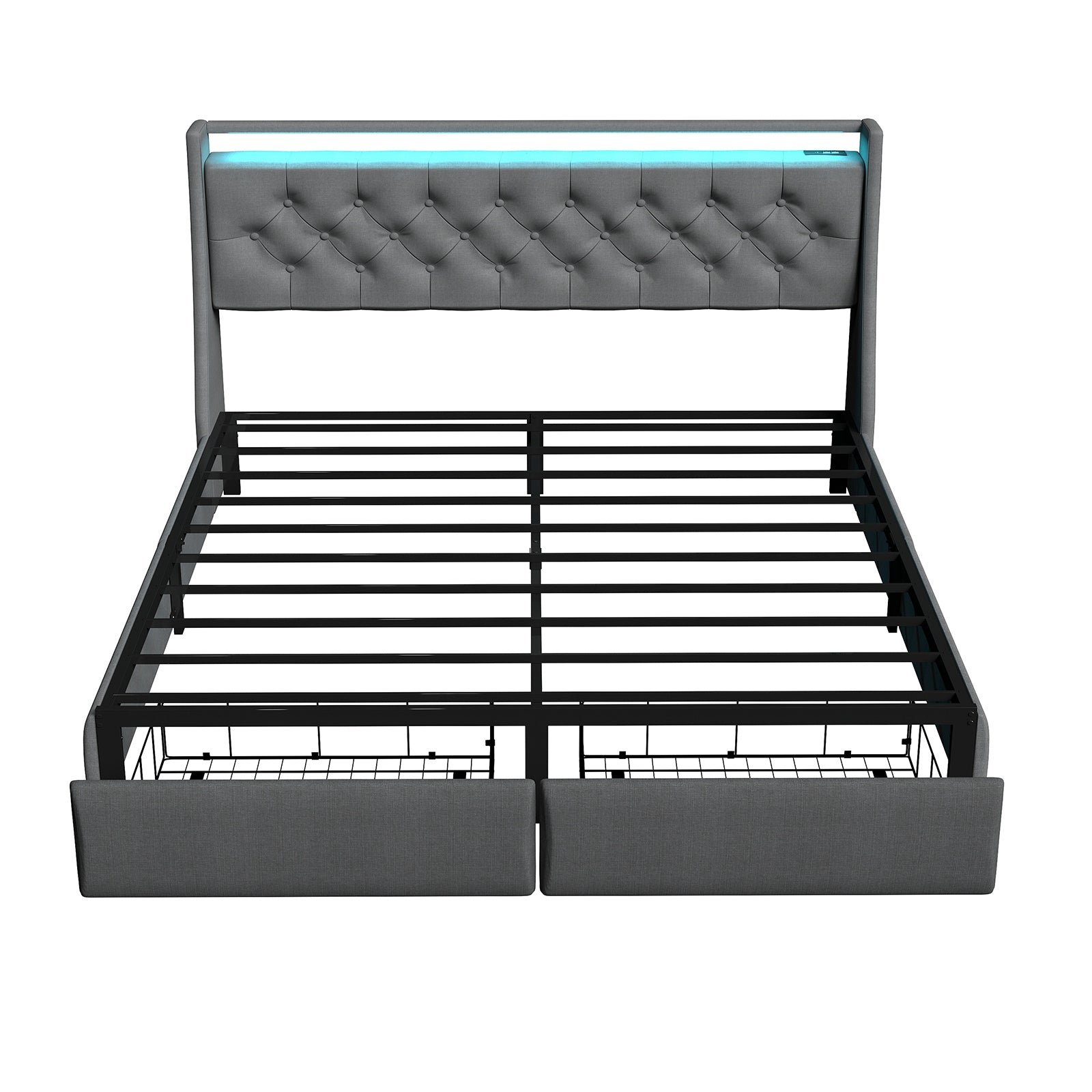 Full Size Bed Frame with Storage Headboard, RGB LED Light & USB Charging Station Grey