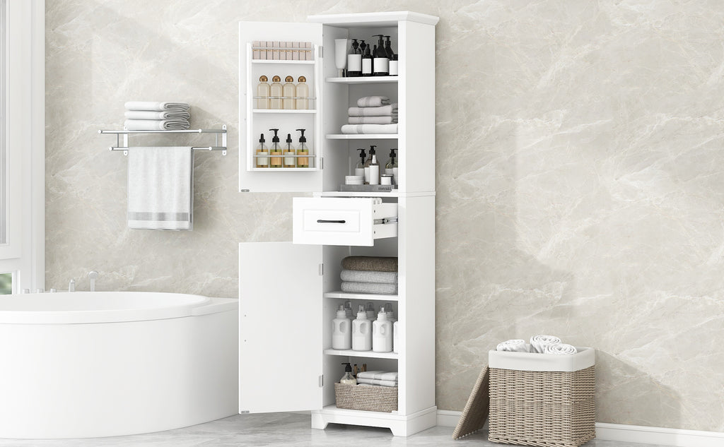 Tall Bathroom Storage Cabinet, Freestanding Storage Cabinet with Two Doors and Adjustable Shelves, Door Shelve Design, MDF Board with Painted Finish, White