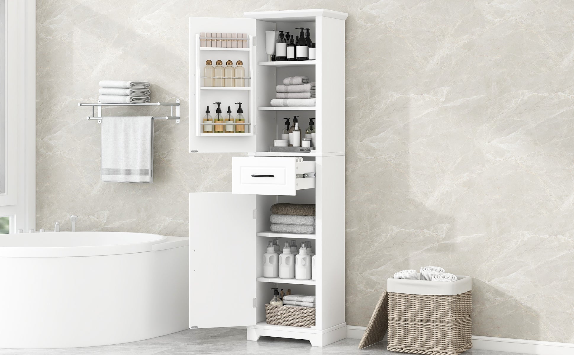 Tall Bathroom Storage Cabinet, Freestanding Storage Cabinet with Two Doors and Adjustable Shelves, Door Shelve Design, MDF Board with Painted Finish, White