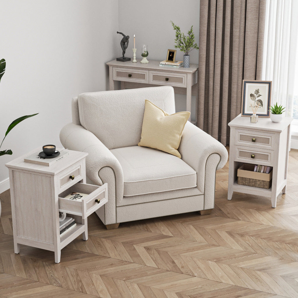 Farmhouse Nightstand, Boho Bedside Table with 2 Rattan Decor Drawers, Accent End Table with Open Storage Shelf, Wood Bedside Unit for Bedroom, Living Room, Home Office, Grayish White