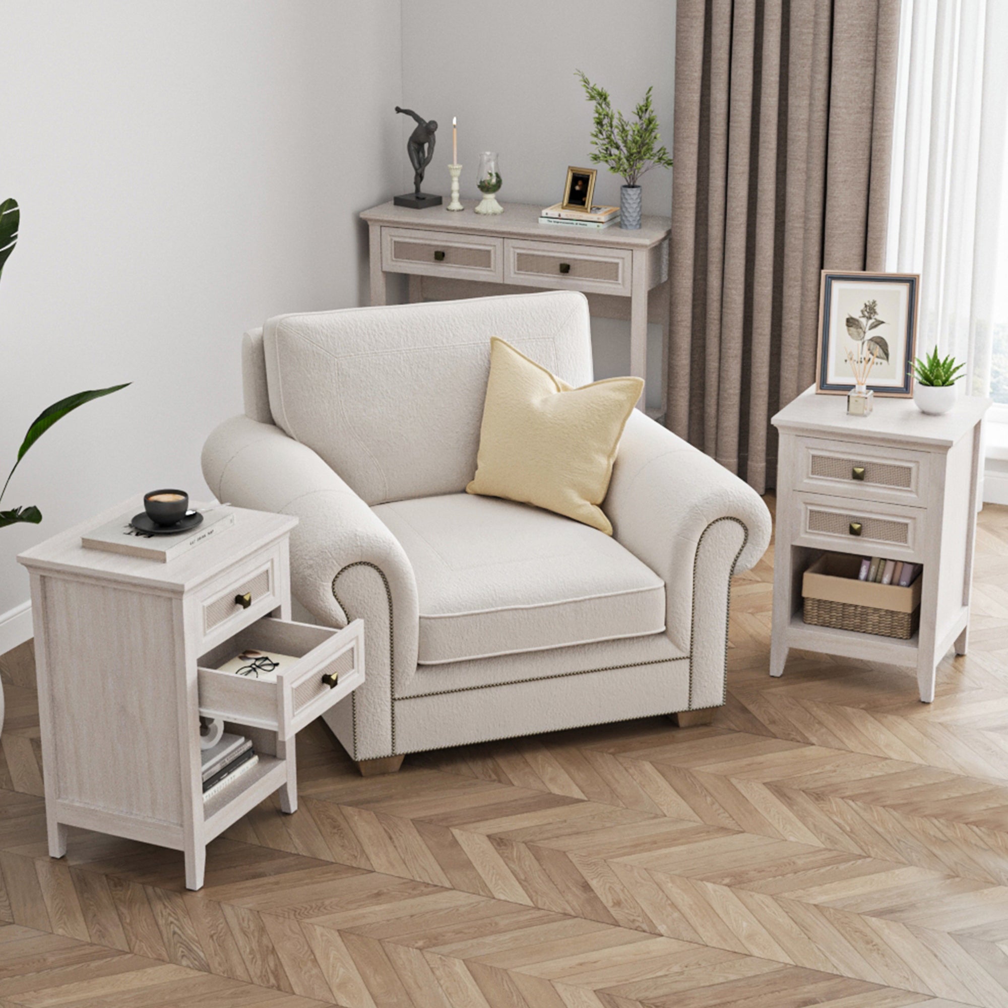 Farmhouse Nightstand, Boho Bedside Table with 2 Rattan Decor Drawers, Accent End Table with Open Storage Shelf, Wood Bedside Unit for Bedroom, Living Room, Home Office, Grayish White