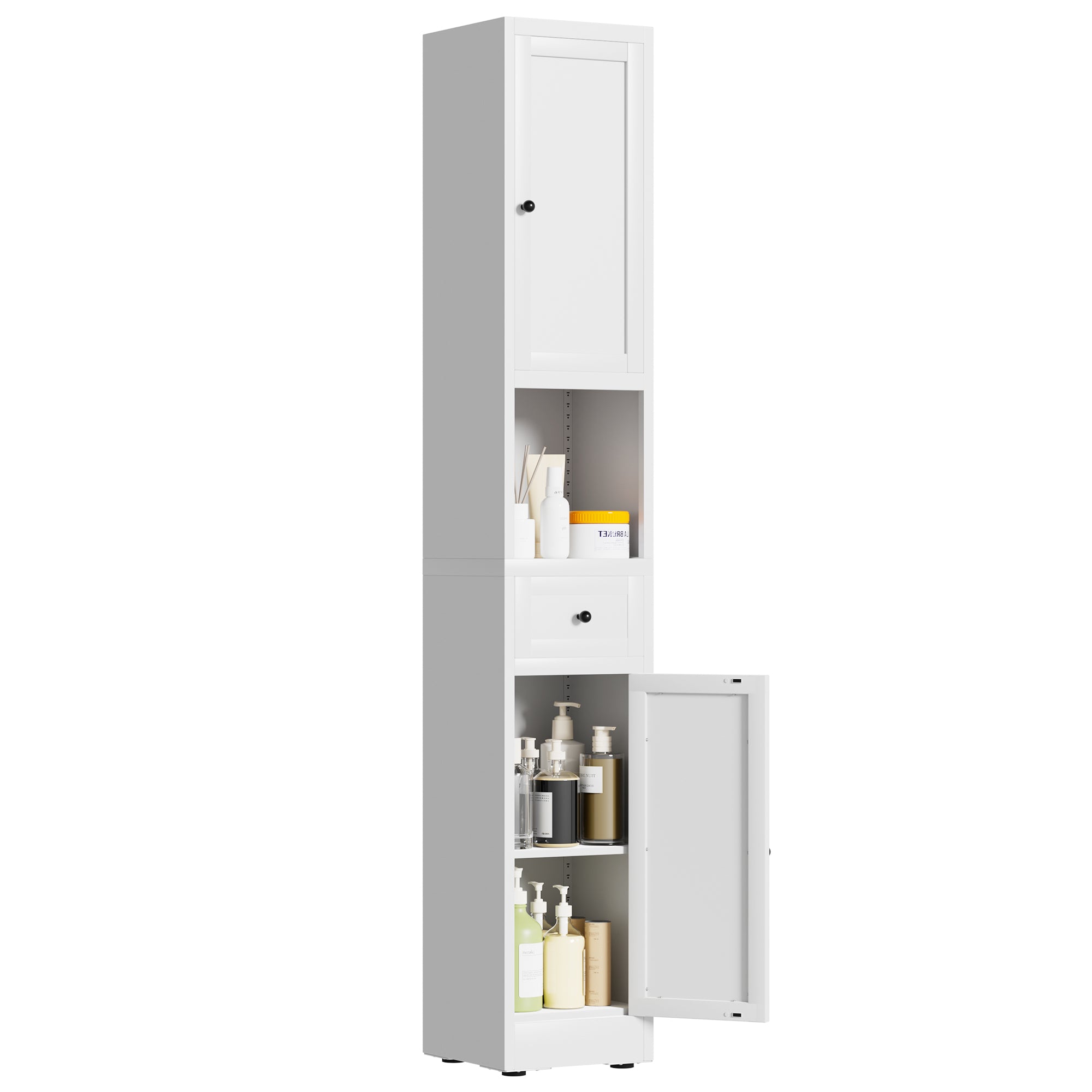 71 Inch Tall Bathroom Storage Cabinet, 5 Tier Narrow Metal Cabinet with 2 Doors & Adjustable Shelves, Freestanding Cabinet for Space Saving in Kitchen, Laundry Room, Pantry, White