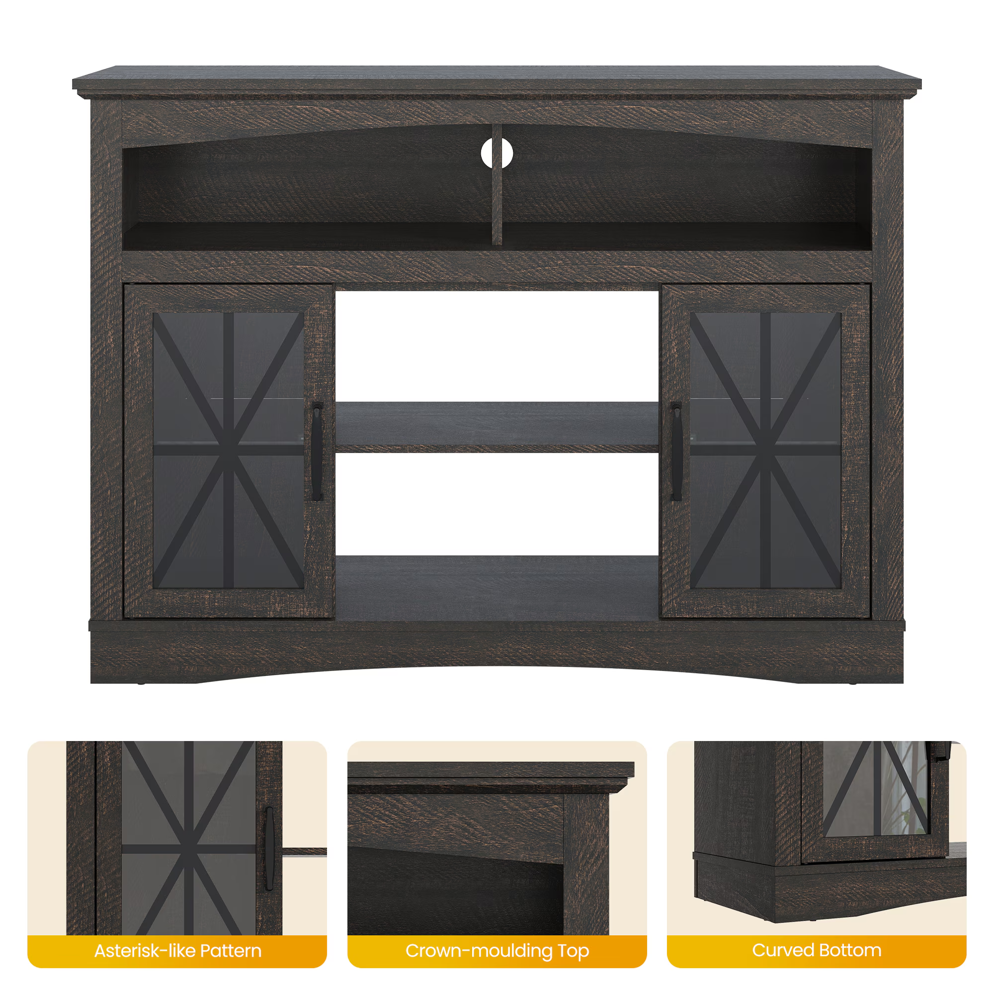 47'' Farmhouse TV Stand with Adjustable Shelves, Retro TV Console with Glass Doors & LED Lights, Media Entertainment Center Storage Cabinet for Living Room, Bedroom, Kitchen, Brown
