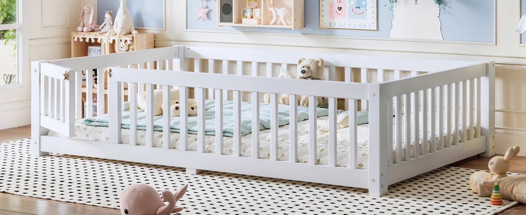 Full Size Bed Floor Bed with Safety Guardrails and Door for Kids, White