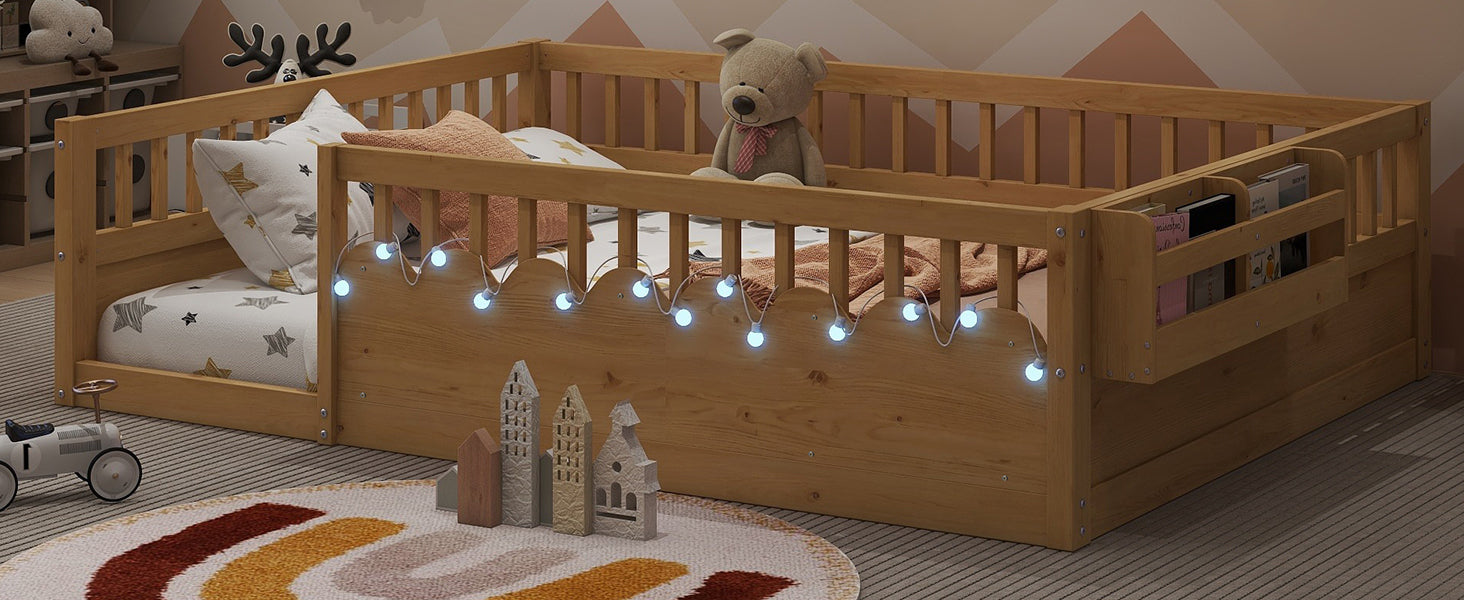 Full Montessori Floor Bed Frame with High Rails, Wood Kids Floor Beds with Light and Storage Shelf, Natural Expect Arrival Date 2025 8 15
