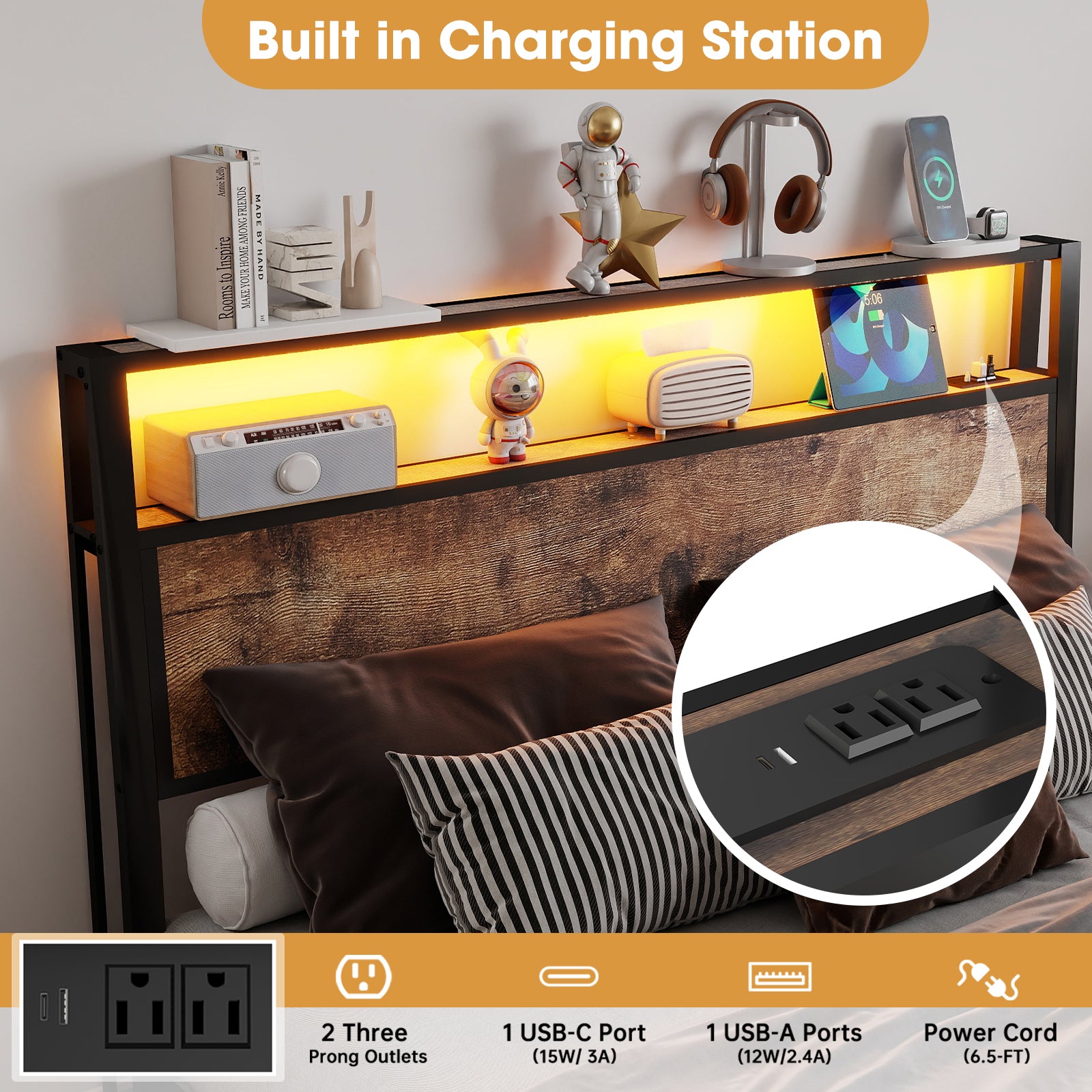 Queen Size Bed Frame with Headboard, RGB LED Light & Charging Station & Under Bed Storage Space, Easy Assembly Vintage Brown Old sku:T3963P483788