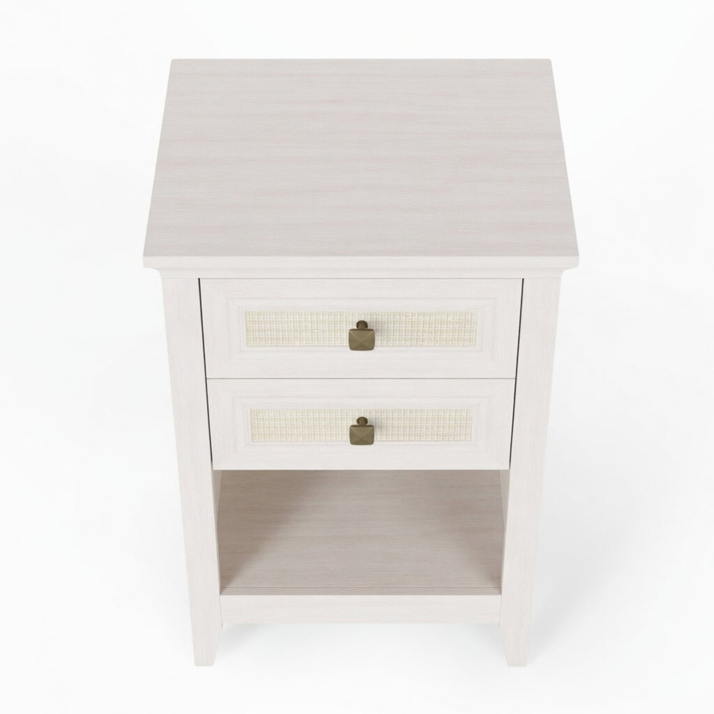 17.7" White Rattan Nightstand Boho Bedside Table w 2 Drawers & Shelf