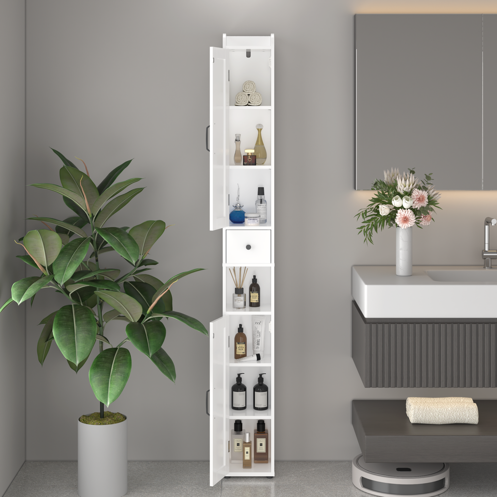 67.51" Tall Bathroom Storage Cabinet with Adjustable Shelves,Slim 2 Doors Freestanding Cabinet with Anti Tip, Open compartments, for Home, Small Spaces, Bathroom,Kitchen, Living Room, White