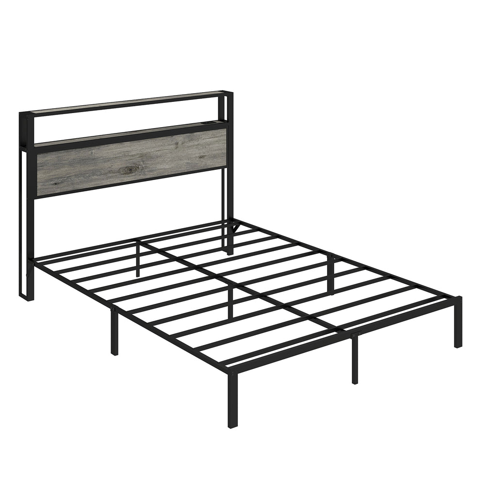 Queen Size Bed Frame with Headboard, RGB LED Light & Charging Station & Under Bed Storage Space, Easy Assembly Rustic Grey