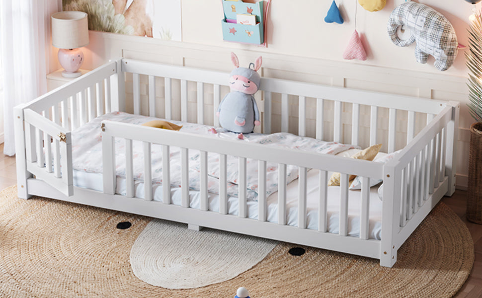 Twin Size Bed Floor Bed with Safety Guardrails and Door for Kids, White