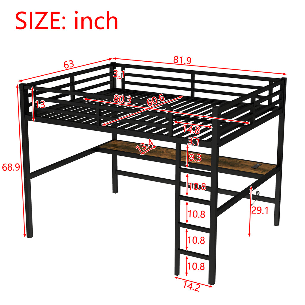 Metal Queen Size Loft Bed with Power Outlet and LED Lighted, Space Saving, Noise Reduced, Black