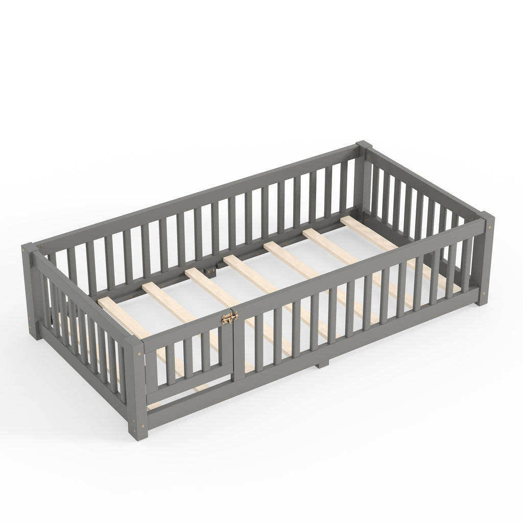 Twin Size Bed Floor Bed with Safety Guardrails and Door for Kids, Gray