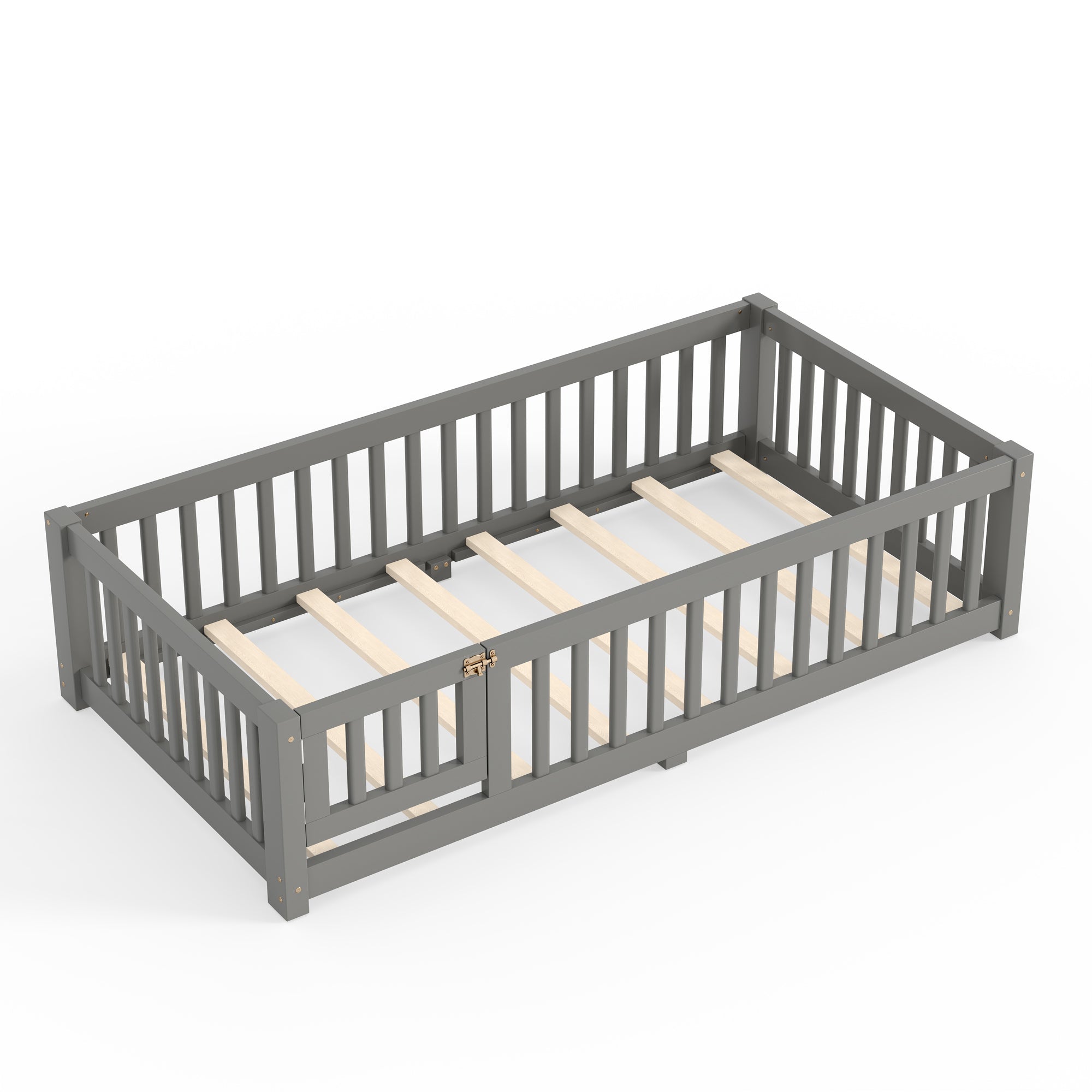 Twin Size Bed Floor Bed with Safety Guardrails and Door for Kids, Gray