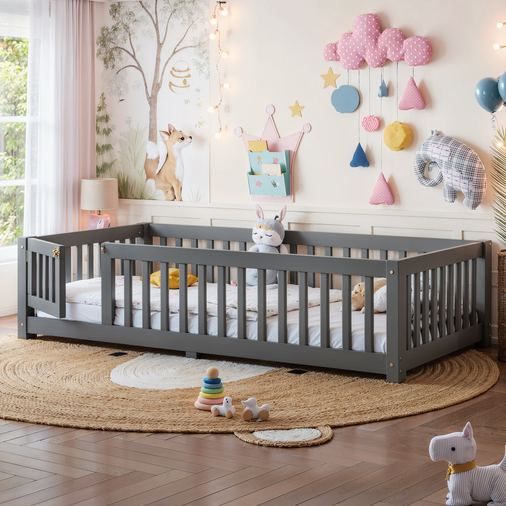 Twin Size Bed Floor Bed with Safety Guardrails and Door for Kids, Gray