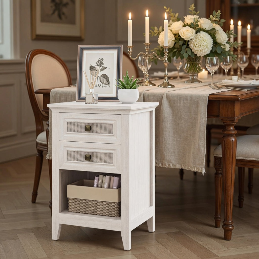 17.7" White Rattan Nightstand Boho Bedside Table w 2 Drawers & Shelf